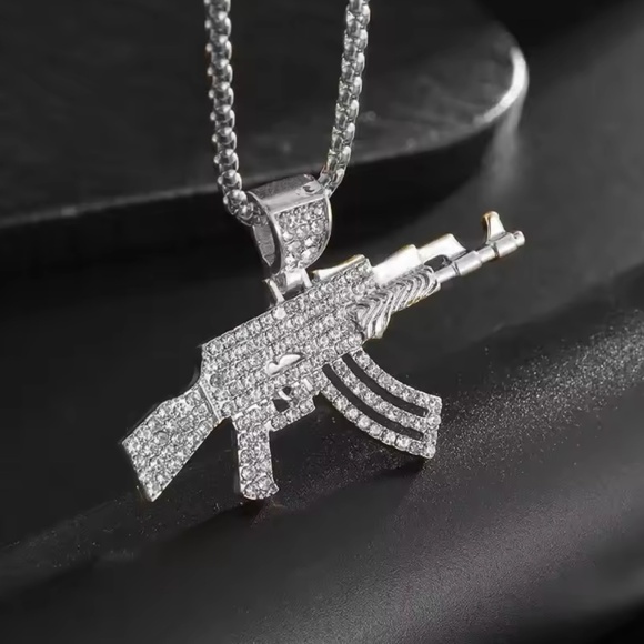 Silver tone Iced out AK-47 pendant 3A CZ hip hop rapper jewelry chain included - Picture 1 of 4